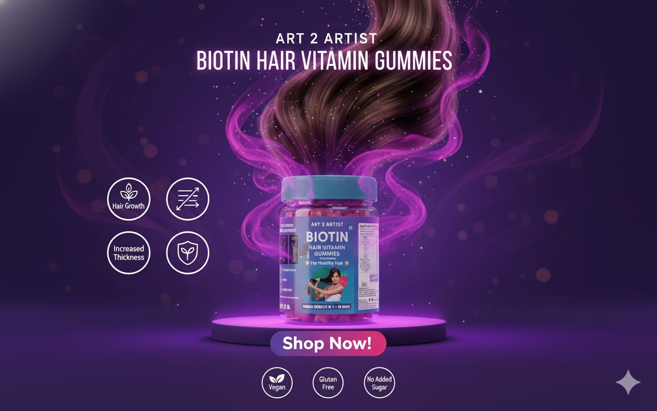 Art2artist gummiesBiotin Hair Gummies For Women, Men | No Added Sugar | For Healthy Hair Growth & Strong Nails | Mixed Fruit Flavor Veg Gummy Supplement - 30 Count (Pack of 1) 1