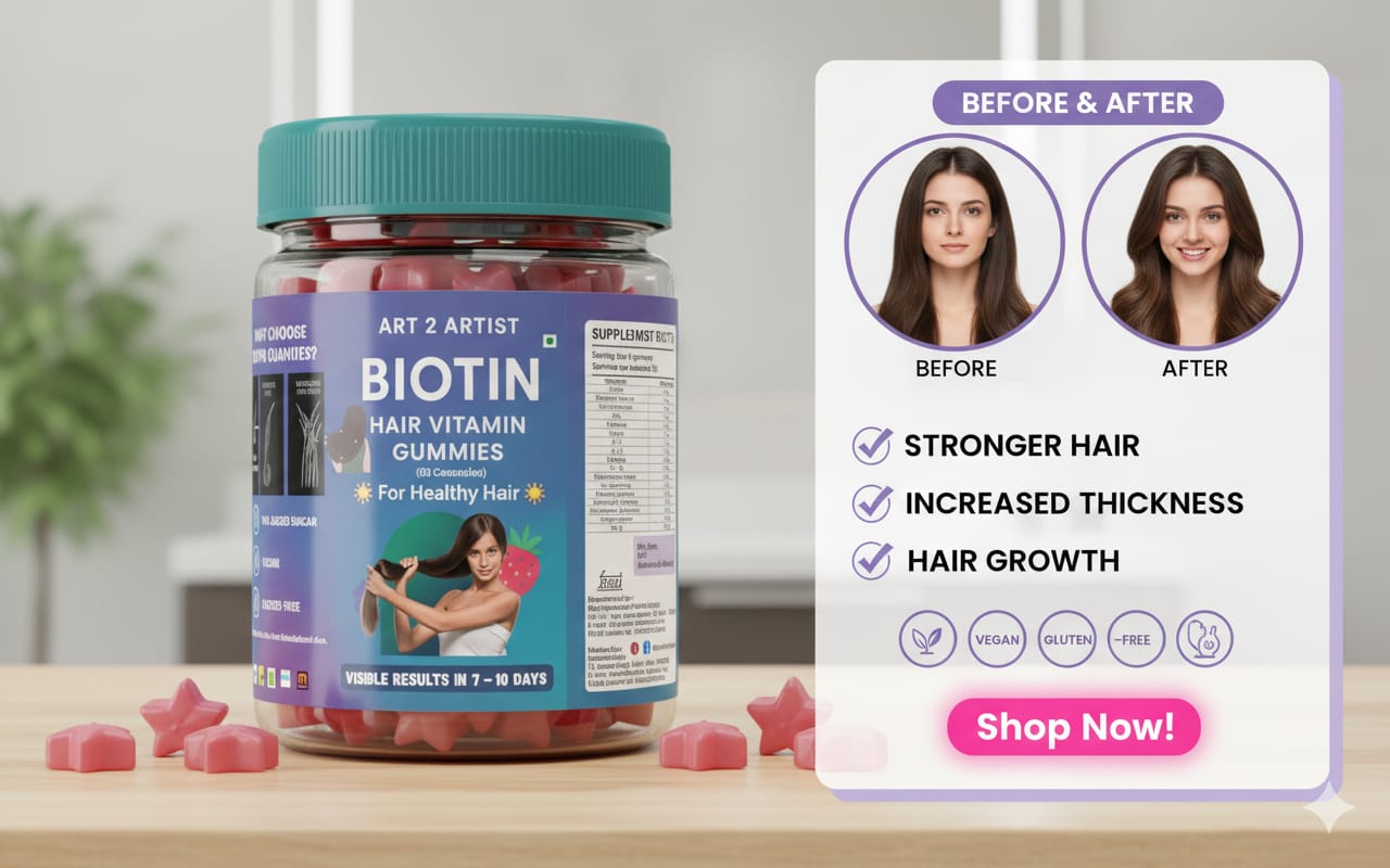 Art2artist gummiesBiotin Hair Gummies For Women, Men | No Added Sugar | For Healthy Hair Growth & Strong Nails | Mixed Fruit Flavor Veg Gummy Supplement - 30 Count (Pack of 1) 2