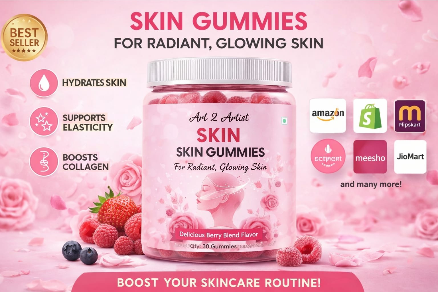 Art2Artist Skin Gummies for Radiant & Glowing Skin | With L-Glutathione, Vitamin C, Biotin & Vitamin E | Delicious Berry Blend | 30 Gummies 4
