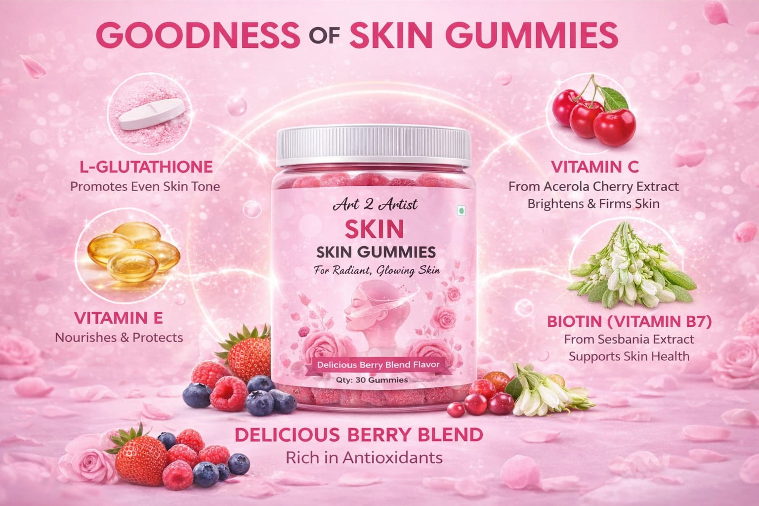 Art2Artist Skin Gummies for Radiant & Glowing Skin | With L-Glutathione, Vitamin C, Biotin & Vitamin E | Delicious Berry Blend | 30 Gummies 3